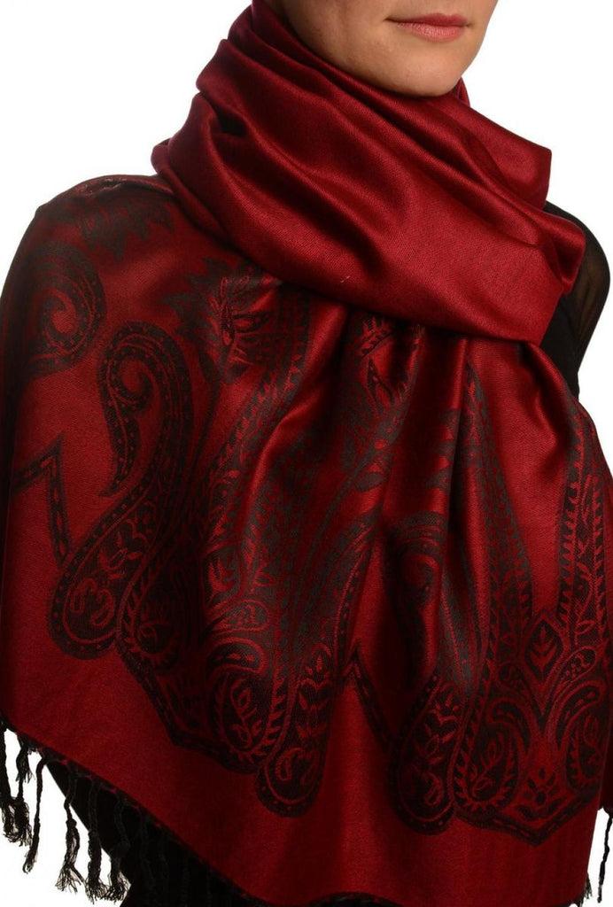Liss Kiss Large Paisley On Burgundy Red Pashmina With Tassels - Scarf