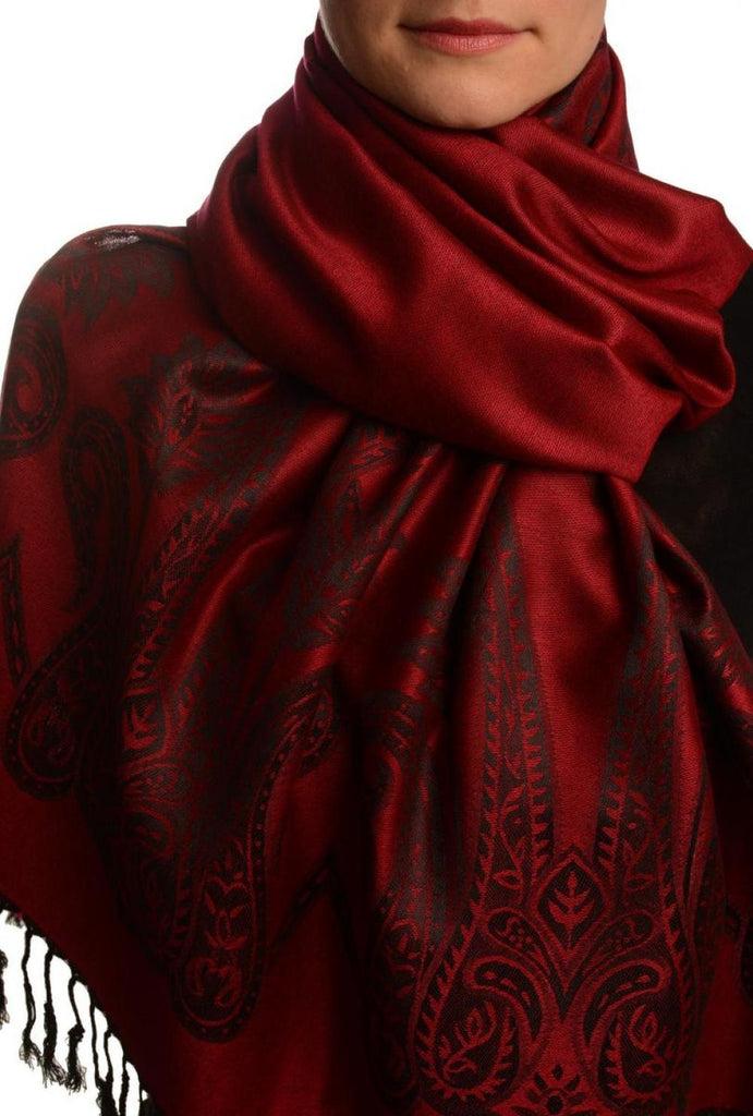 liss kiss Large Paisley On Burgundy Red Pashmina With Tassels - Scarf