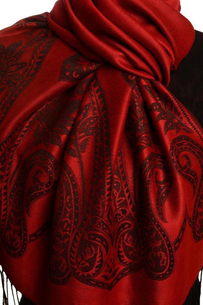 Liss Kiss Large Paisley On Dark Red Pashmina With Tassels - Scarf