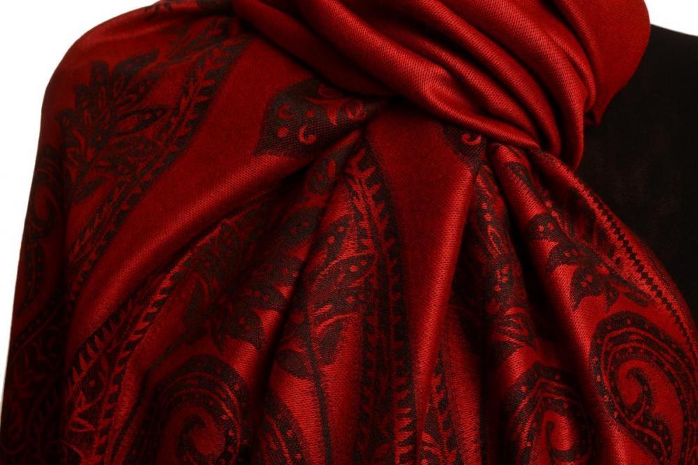 Liss Kiss Large Paisley On Dark Red Pashmina With Tassels - Scarf