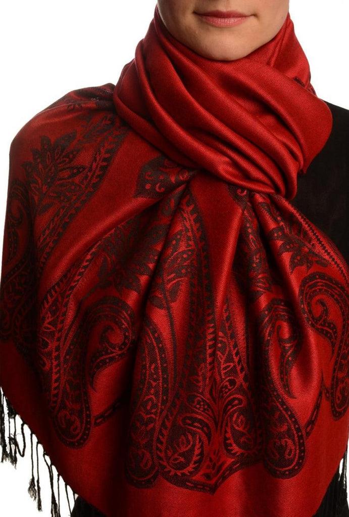liss kiss Large Paisley On Dark Red Pashmina With Tassels - Scarf