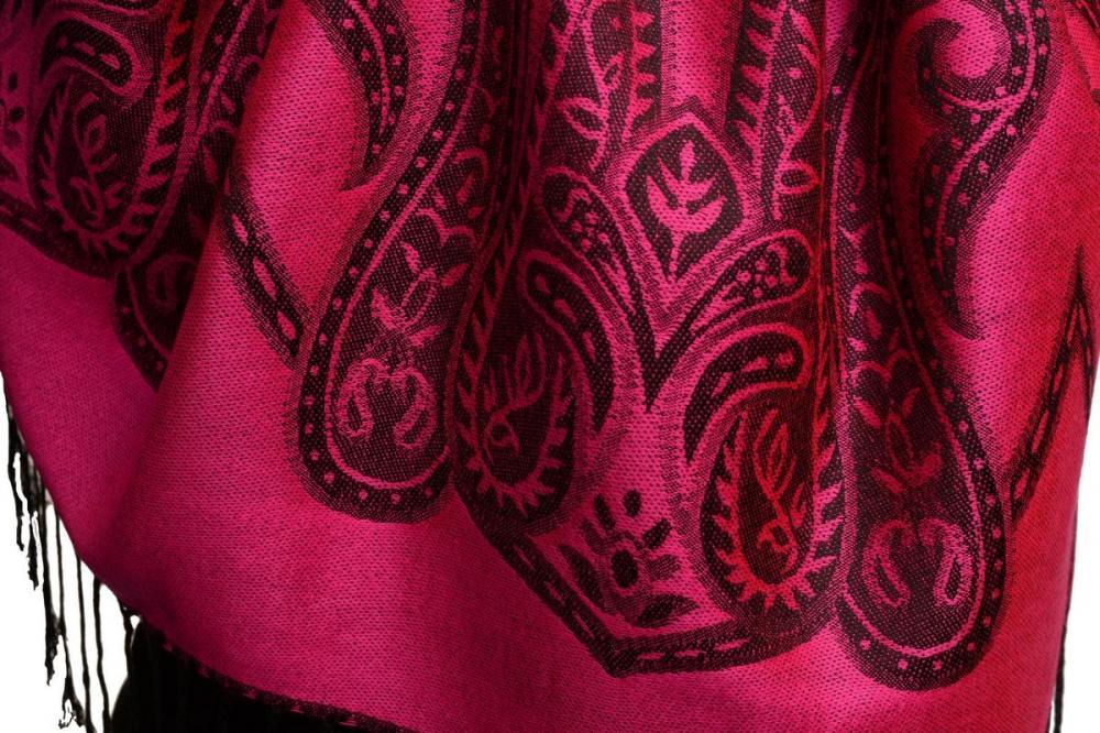 Liss Kiss Large Paisley On Magenta Pink Pashmina With Tassels - Scarf