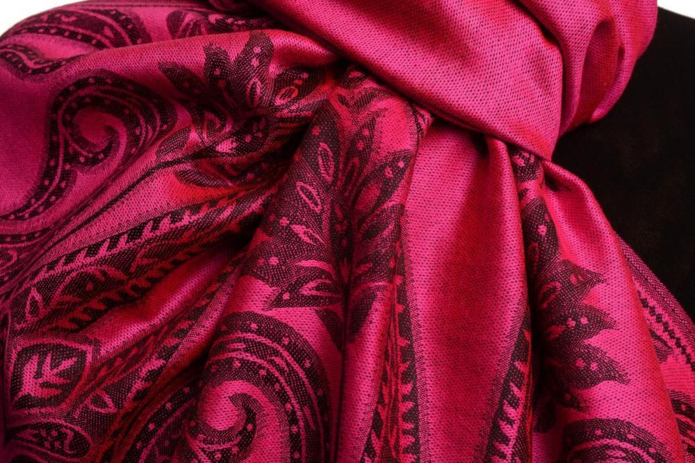 Liss Kiss Large Paisley On Magenta Pink Pashmina With Tassels - Scarf