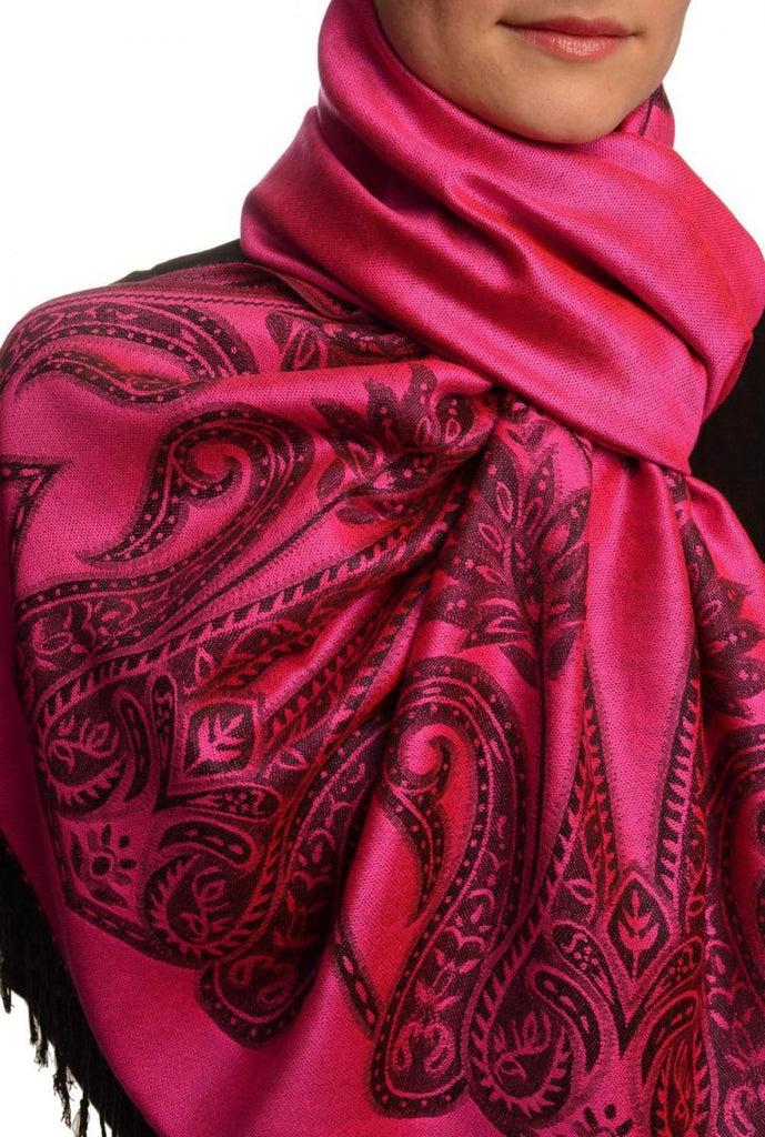 Liss Kiss Large Paisley On Magenta Pink Pashmina With Tassels - Scarf