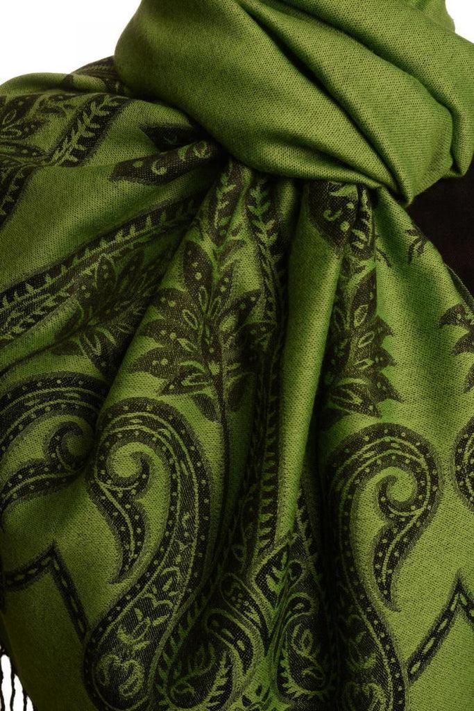Liss Kiss Large Paisley On Olive Green Pashmina With Tassels - Scarf