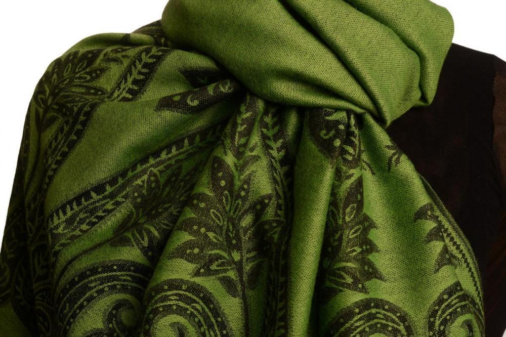 Liss Kiss Large Paisley On Olive Green Pashmina With Tassels - Scarf