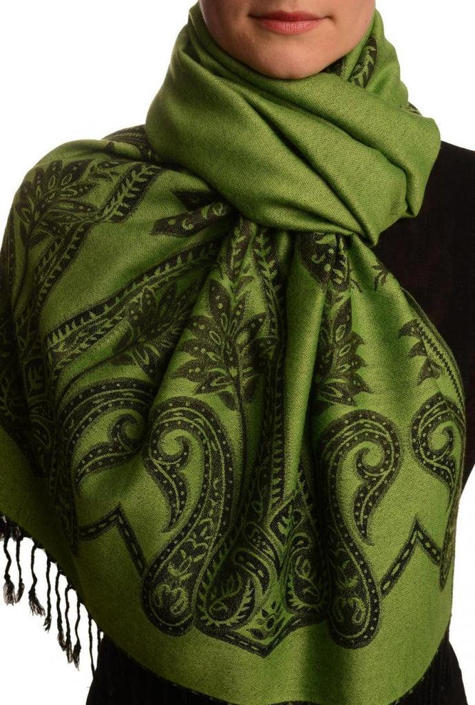 liss kiss Large Paisley On Olive Green Pashmina With Tassels - Scarf