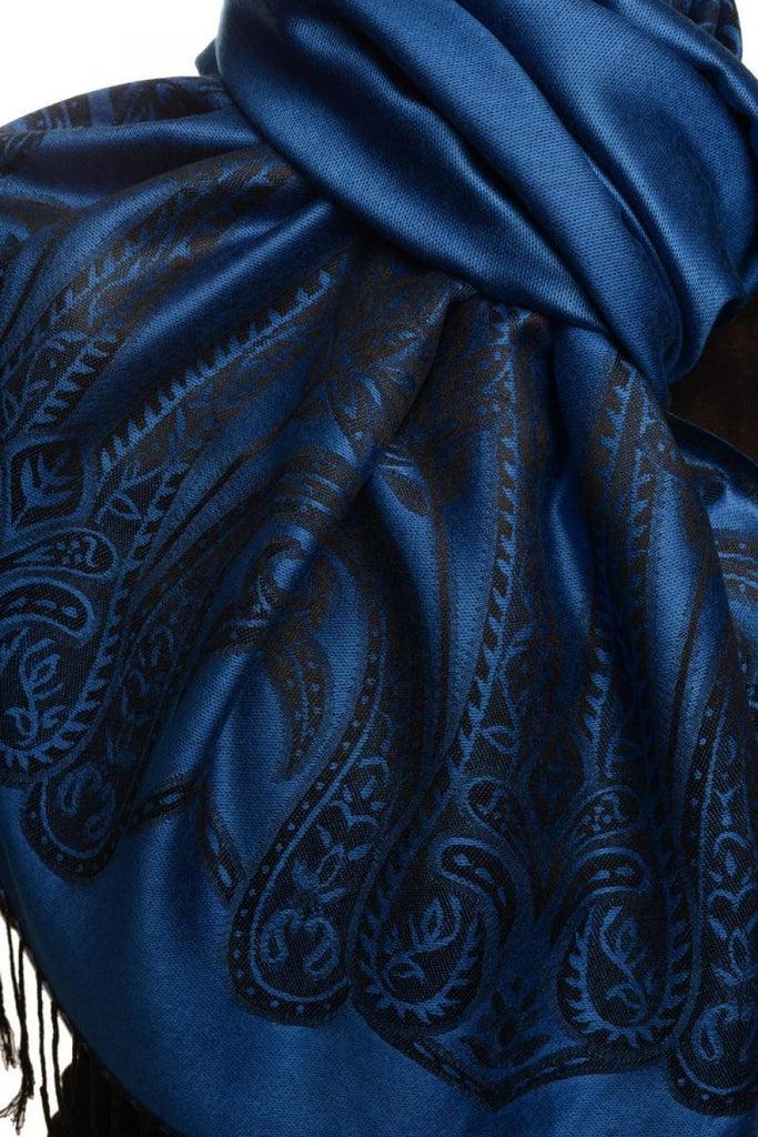 Liss Kiss Large Paisley On Oxford Blue Pashmina With Tassels - Scarf