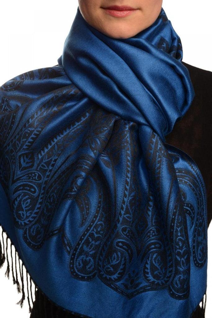 liss kiss Large Paisley On Oxford Blue Pashmina With Tassels - Scarf