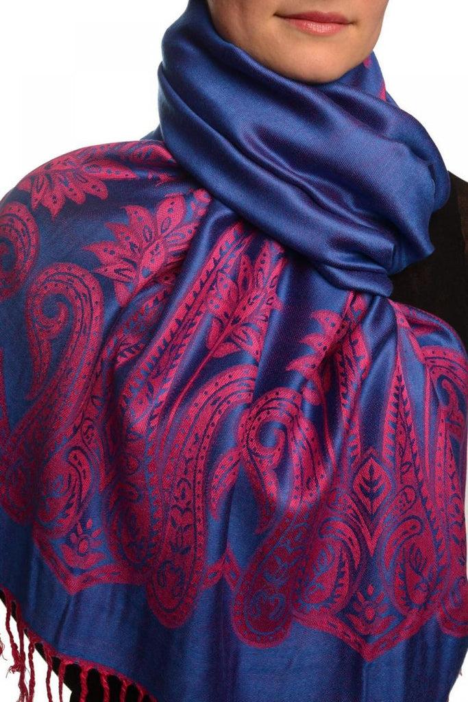 Liss Kiss Large Paisley On Persian Blue Pashmina With Tassels - Scarf