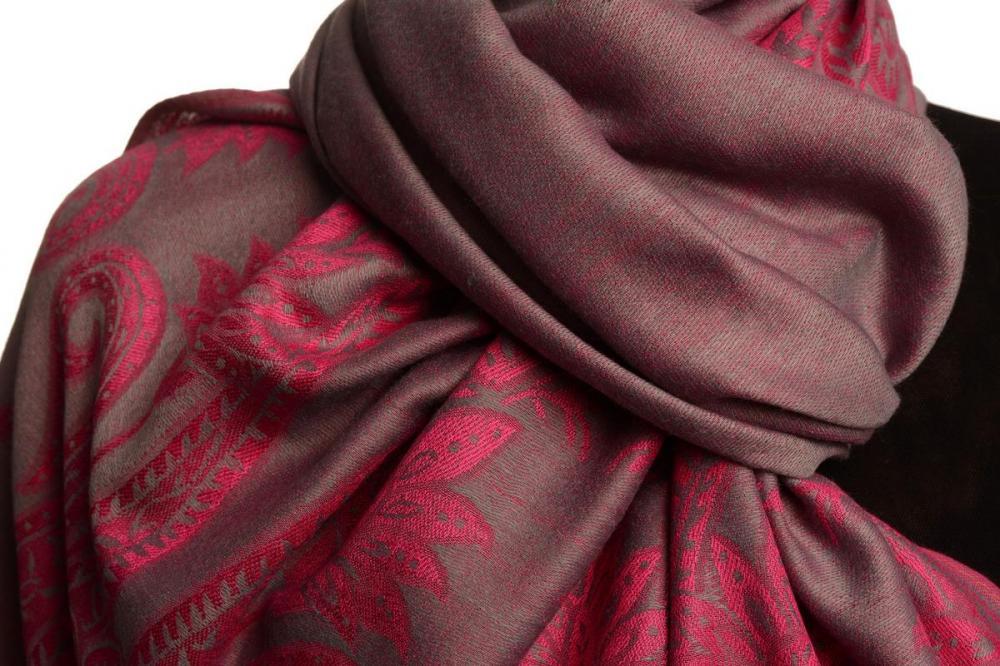 Liss Kiss Large Paisley On Pink Grey Pashmina With Tassels - Scarf