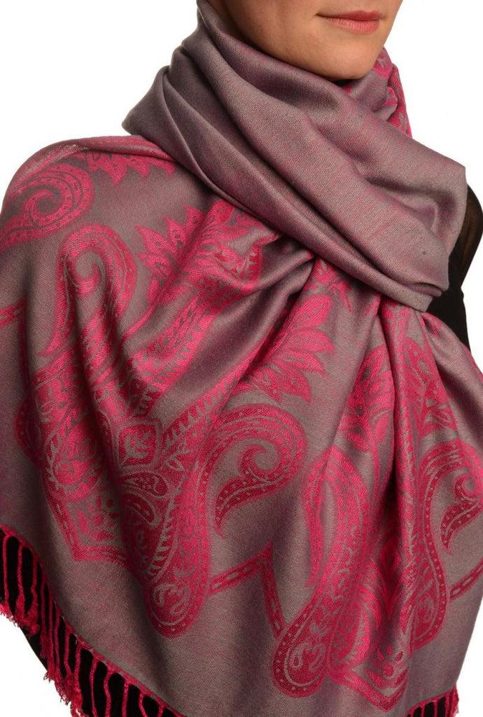 Liss Kiss Large Paisley On Pink Grey Pashmina With Tassels - Scarf