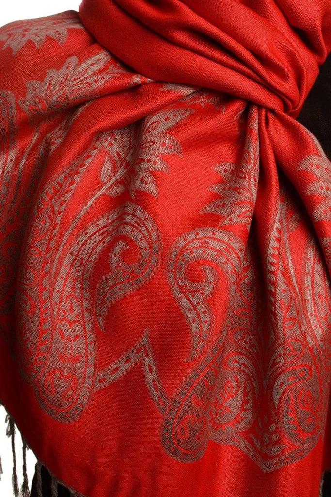 Liss Kiss Large Paisley On Red Pashmina With Tassels - Scarf