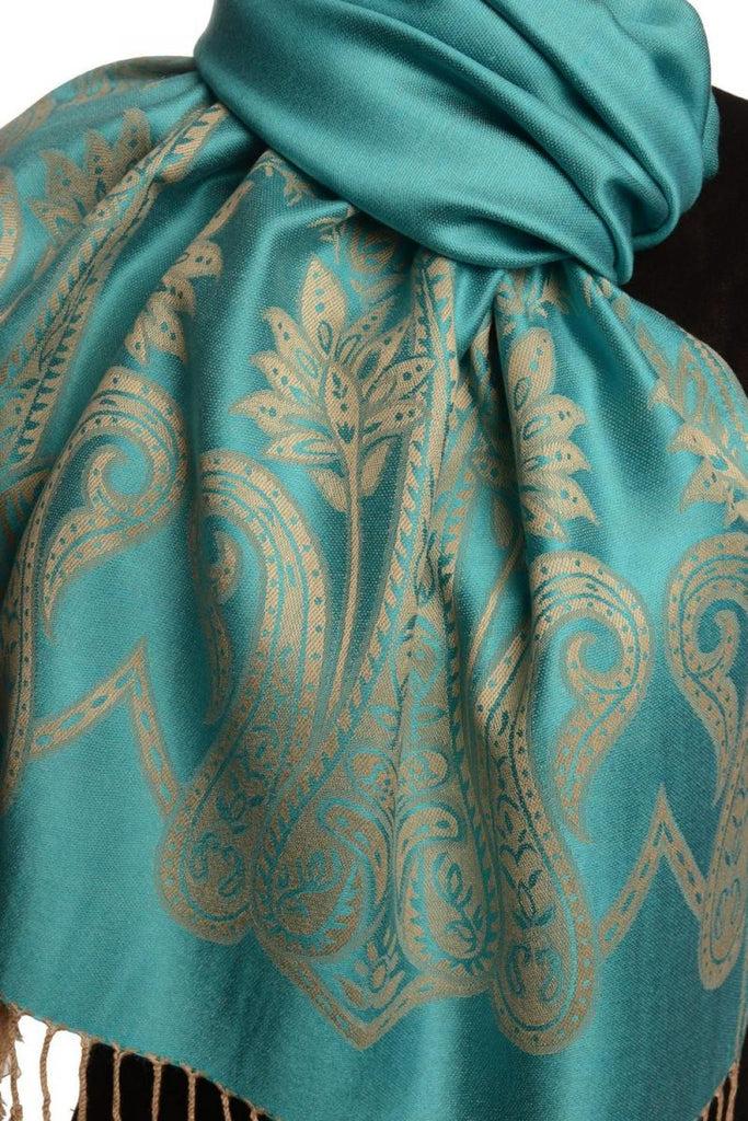 Liss Kiss Large Paisley On Sky Blue Pashmina With Tassels - Scarf