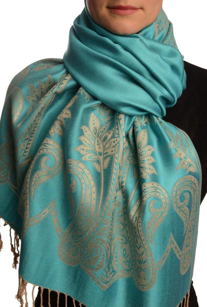 liss kiss Large Paisley On Sky Blue Pashmina With Tassels - Scarf