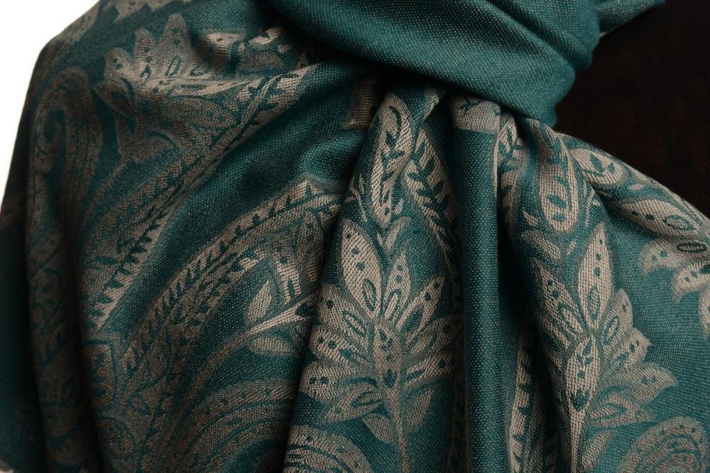 Liss Kiss Large Paisley On Teal Blue Pashmina With Tassels - Scarf