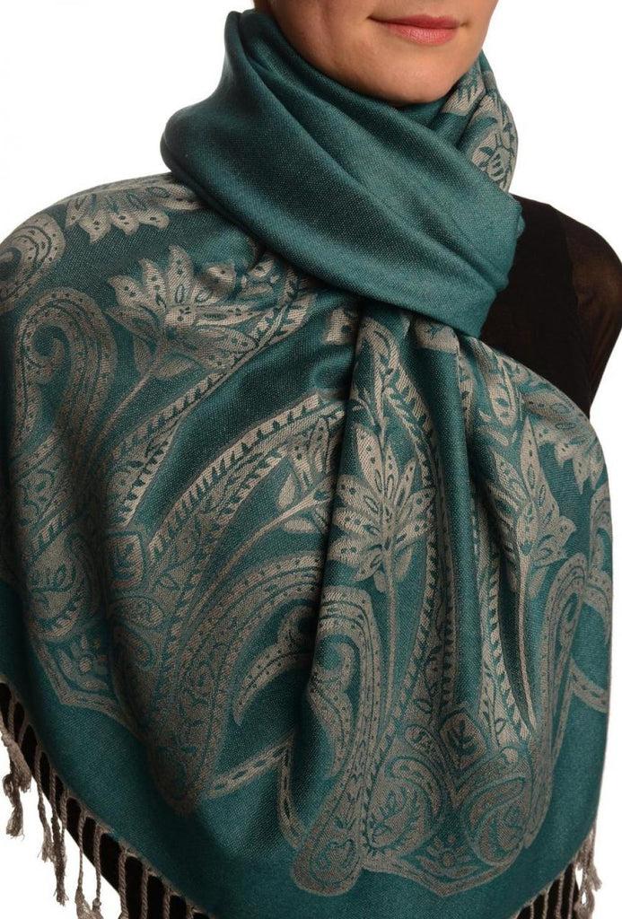 Liss Kiss Large Paisley On Teal Blue Pashmina With Tassels - Scarf