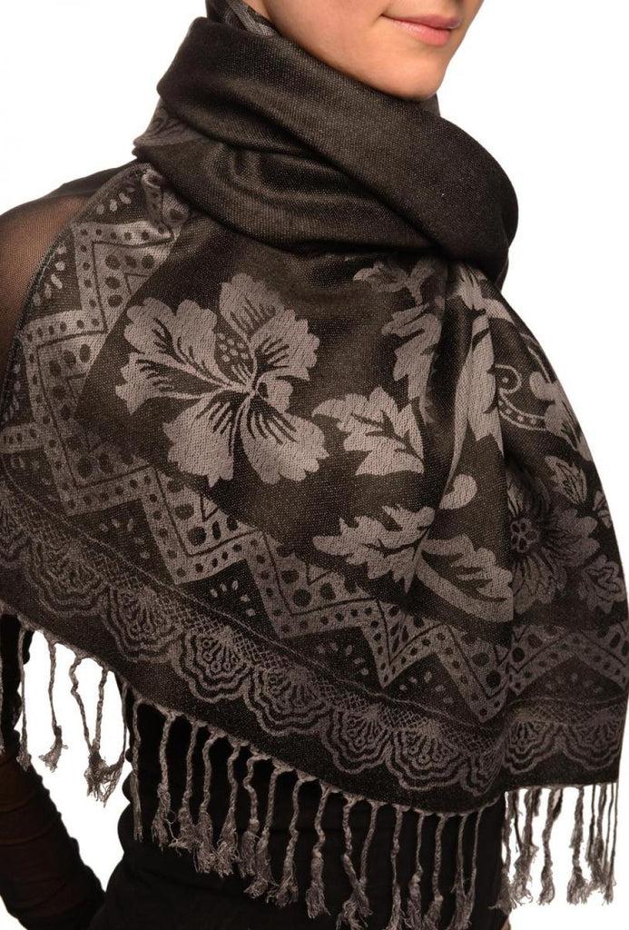 Liss Kiss Large Paisley & Roses On Black Pashmina With Tassels - Scarf
