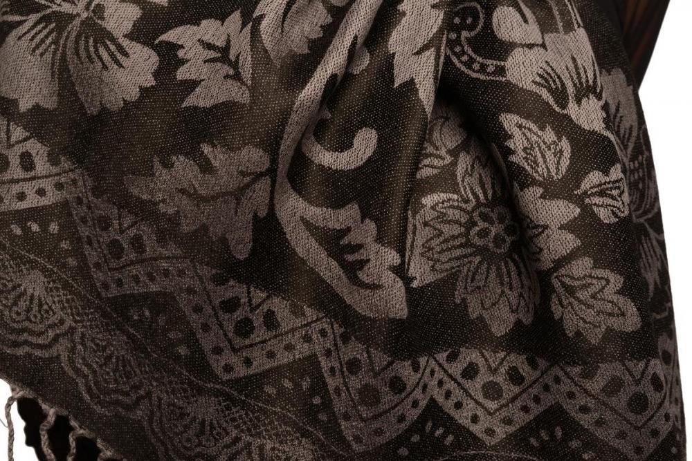 Liss Kiss Large Paisley & Roses On Black Pashmina With Tassels - Scarf