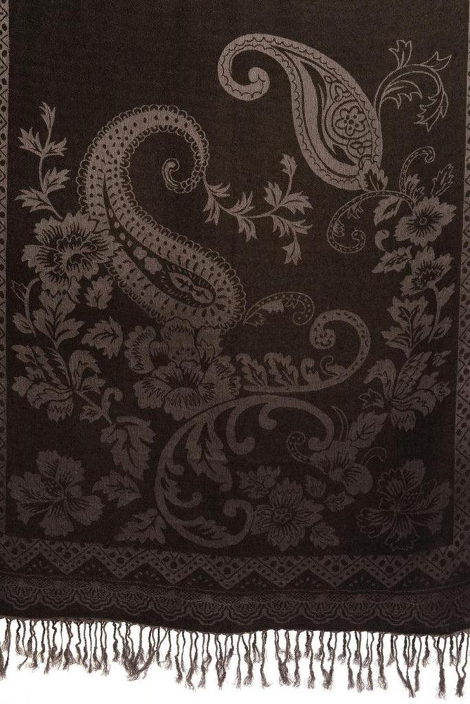 Liss Kiss Large Paisley & Roses On Black Pashmina With Tassels - Scarf