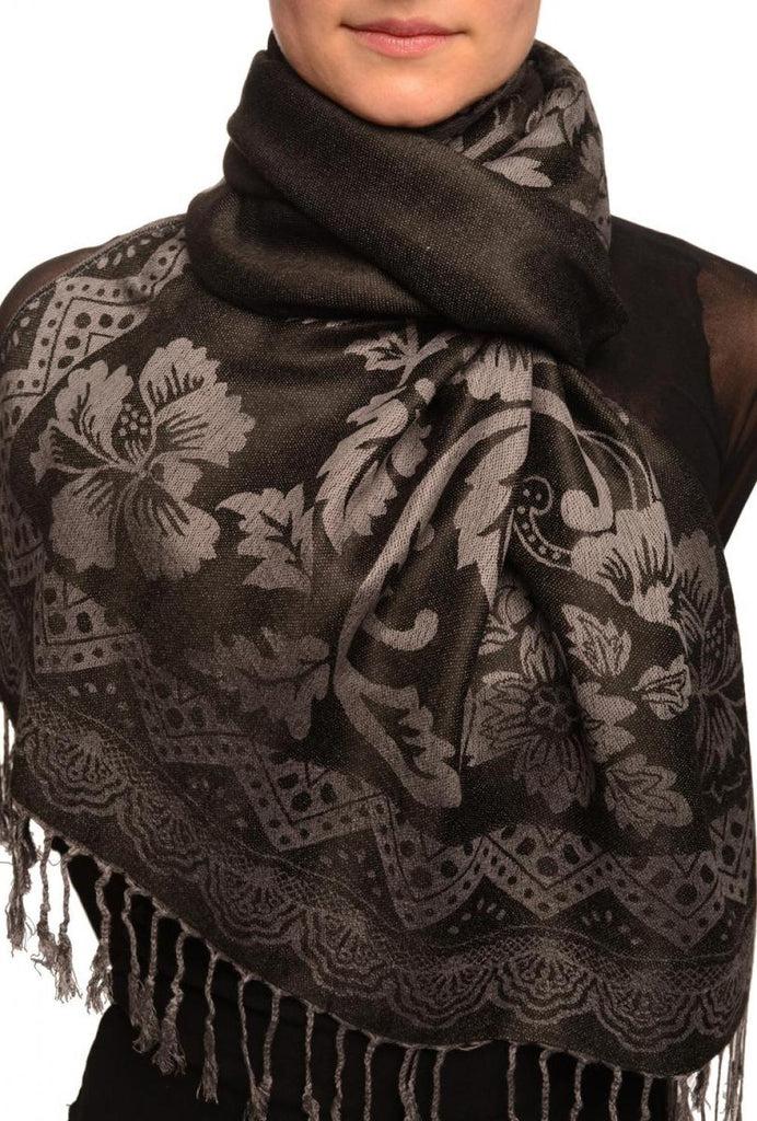liss kiss Large Paisley & Roses On Black Pashmina With Tassels - Scarf