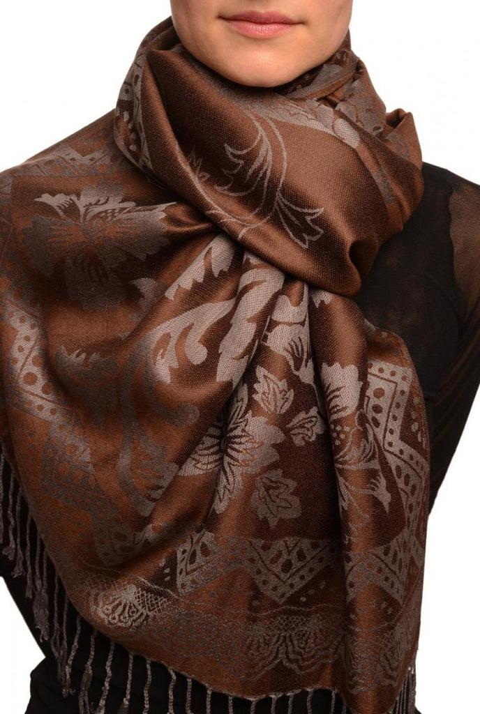 liss kiss Large Paisley & Roses On Brown Pashmina With Tassels - Scarf