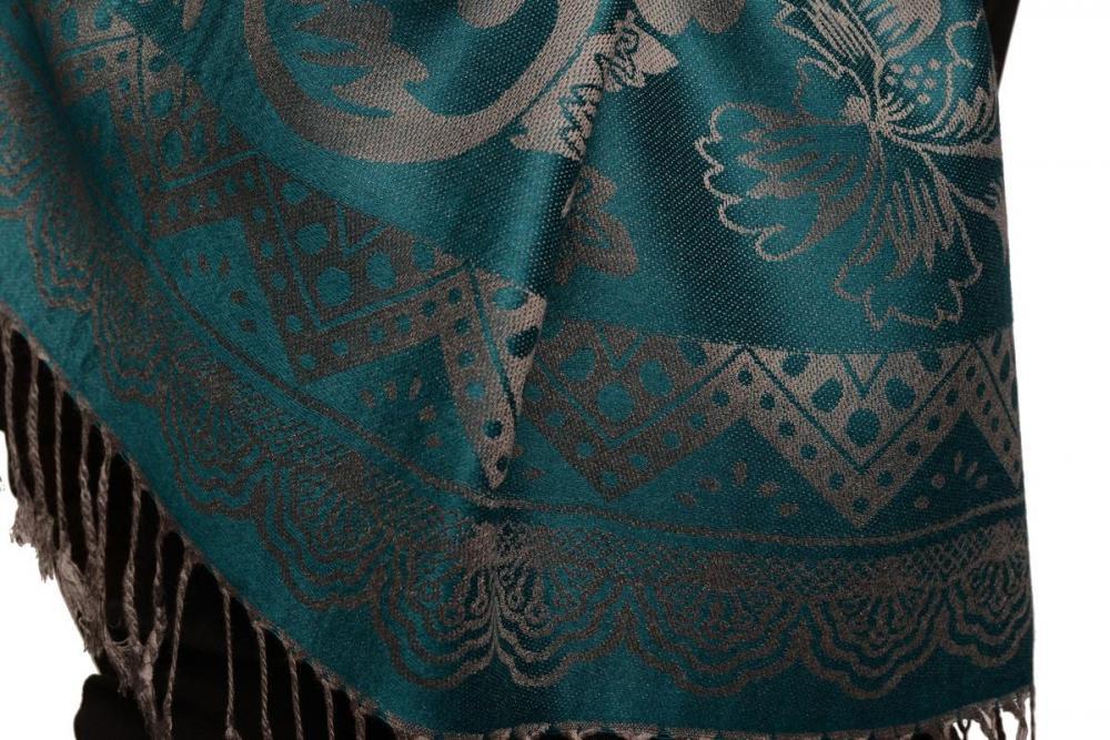 Liss Kiss Large Paisley & Roses On Cerulean Blue Pashmina With Tassels - Scarf