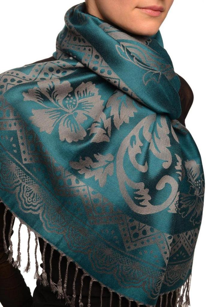 Liss Kiss Large Paisley & Roses On Cerulean Blue Pashmina With Tassels - Scarf