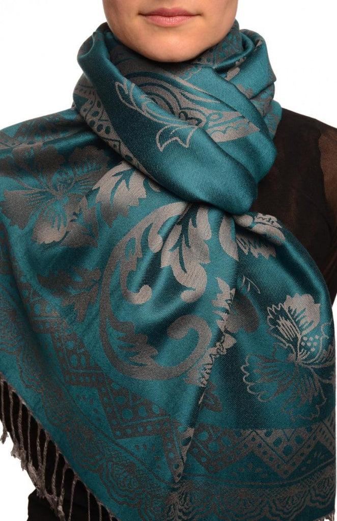 liss kiss Large Paisley & Roses On Cerulean Blue Pashmina With Tassels - Scarf