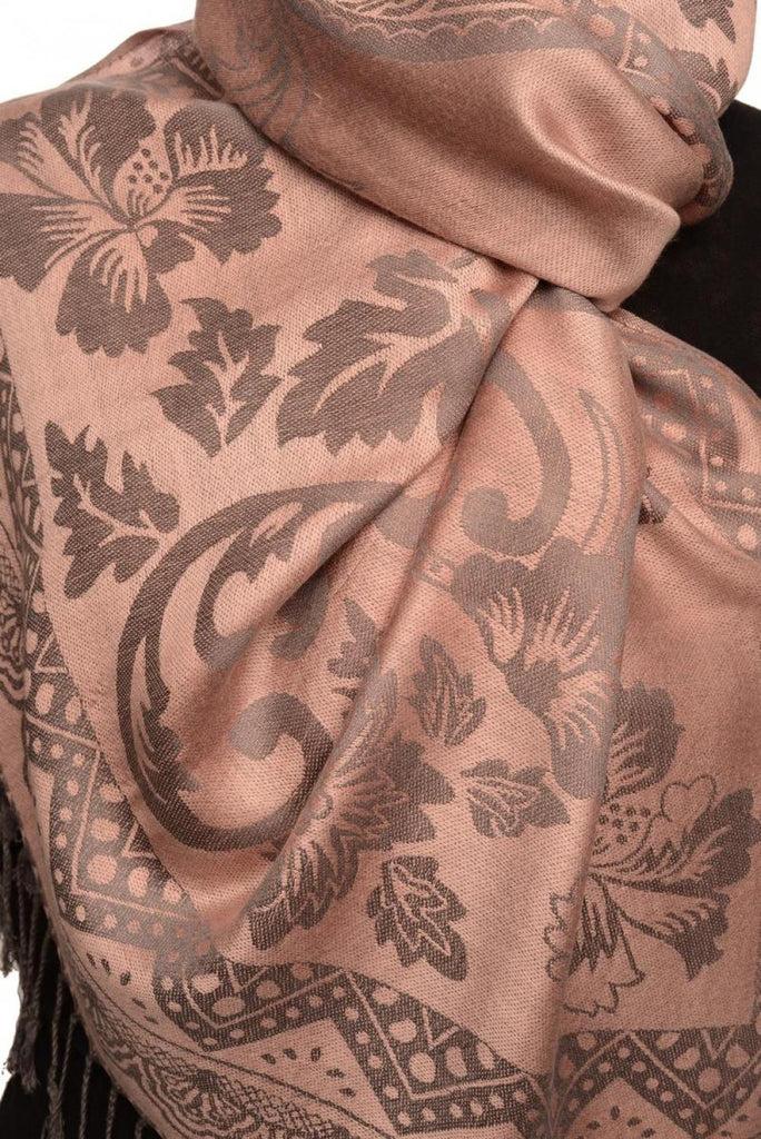 Liss Kiss Large Paisley & Roses On Chestnut Pink Pashmina With Tassels - Scarf