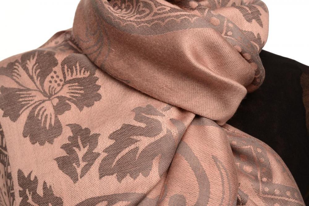 Liss Kiss Large Paisley & Roses On Chestnut Pink Pashmina With Tassels - Scarf