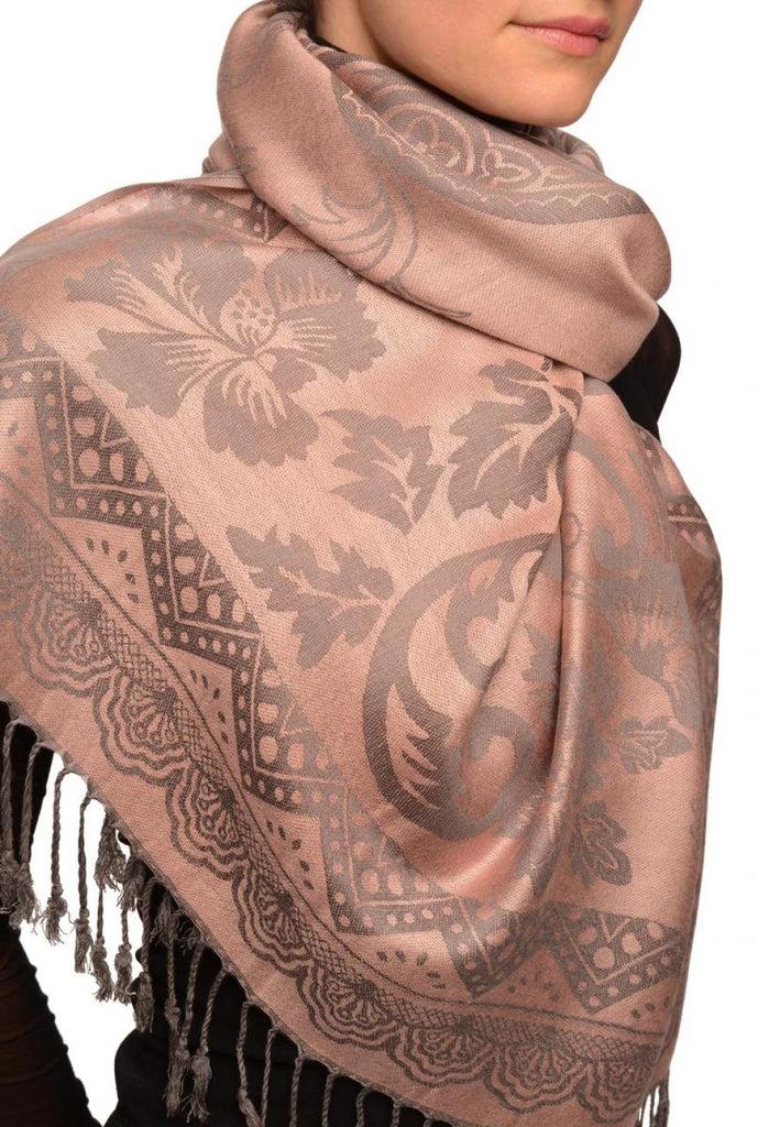 Liss Kiss Large Paisley & Roses On Chestnut Pink Pashmina With Tassels - Scarf