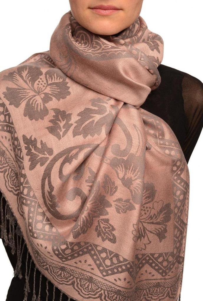 liss kiss Large Paisley & Roses On Chestnut Pink Pashmina With Tassels - Scarf