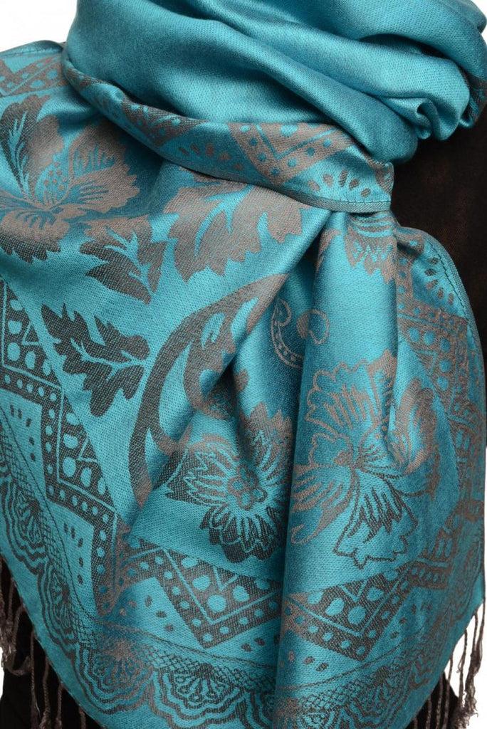 Liss Kiss Large Paisley & Roses On Glaucous Blue Pashmina With Tassels - Scarf