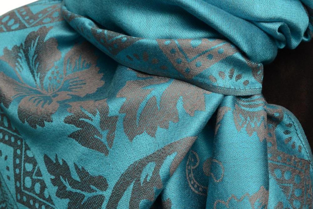 Liss Kiss Large Paisley & Roses On Glaucous Blue Pashmina With Tassels - Scarf