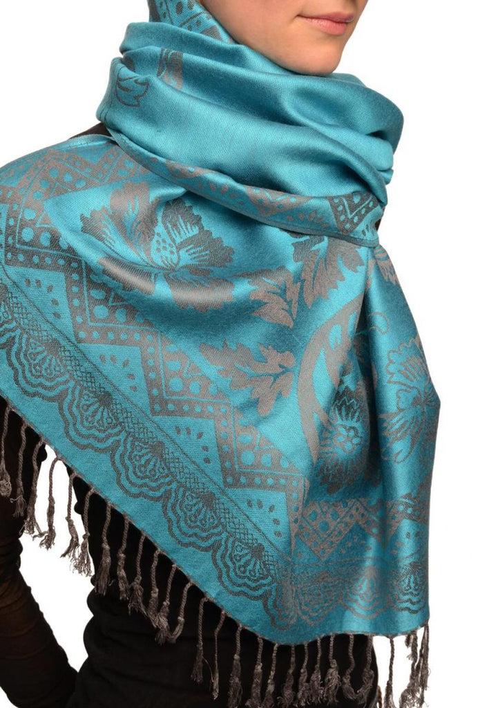 Liss Kiss Large Paisley & Roses On Glaucous Blue Pashmina With Tassels - Scarf