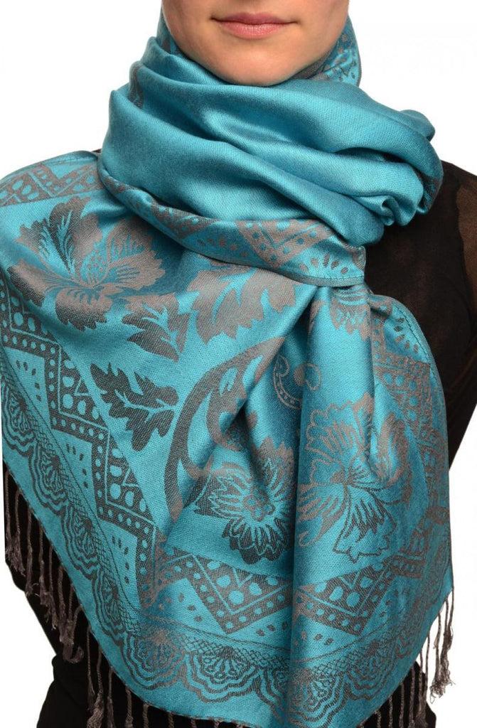 liss kiss Large Paisley & Roses On Glaucous Blue Pashmina With Tassels - Scarf