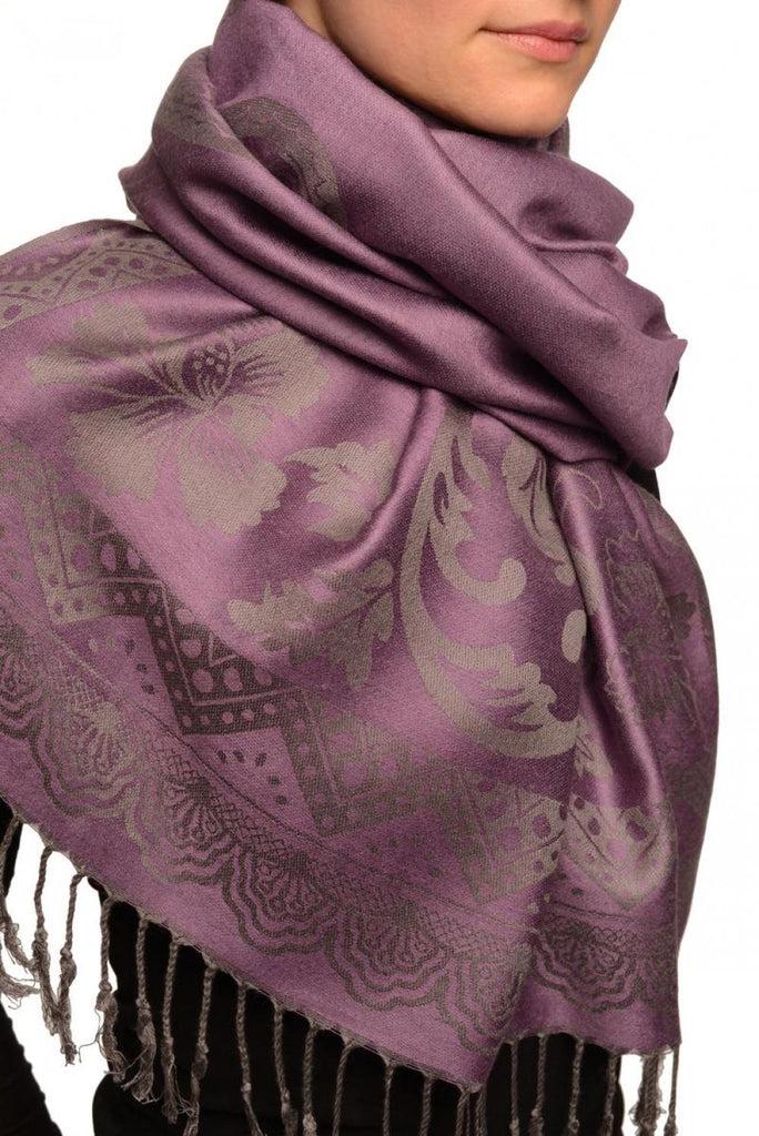 Liss Kiss Large Paisley & Roses On Grey Pashmina With Tassels - Scarf
