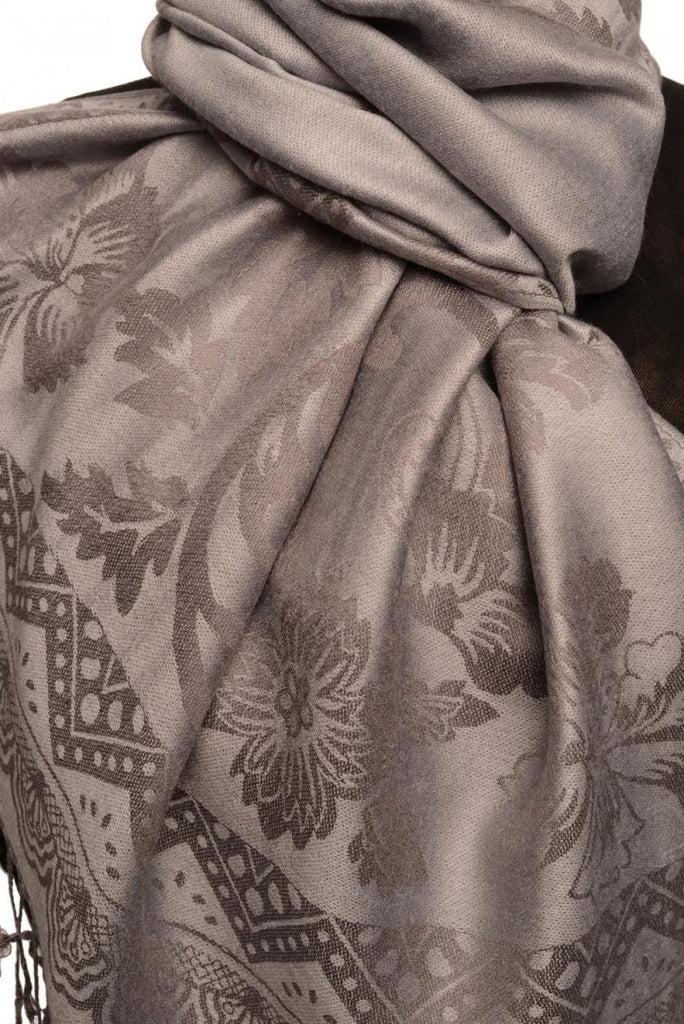 Liss Kiss Large Paisley & Roses On Grey Pashmina With Tassels - Scarf