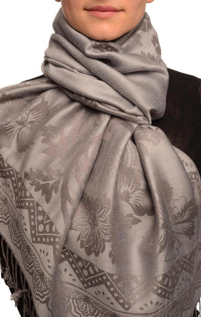 liss kiss Large Paisley & Roses On Grey Pashmina With Tassels - Scarf