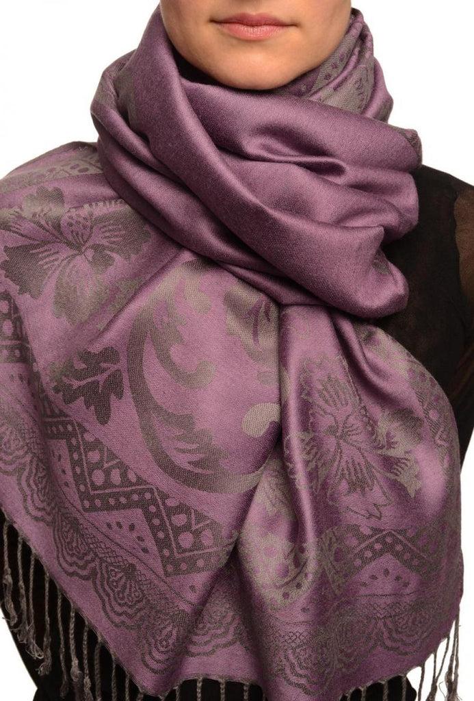 liss kiss Large Paisley & Roses On Grey Pashmina With Tassels - Scarf