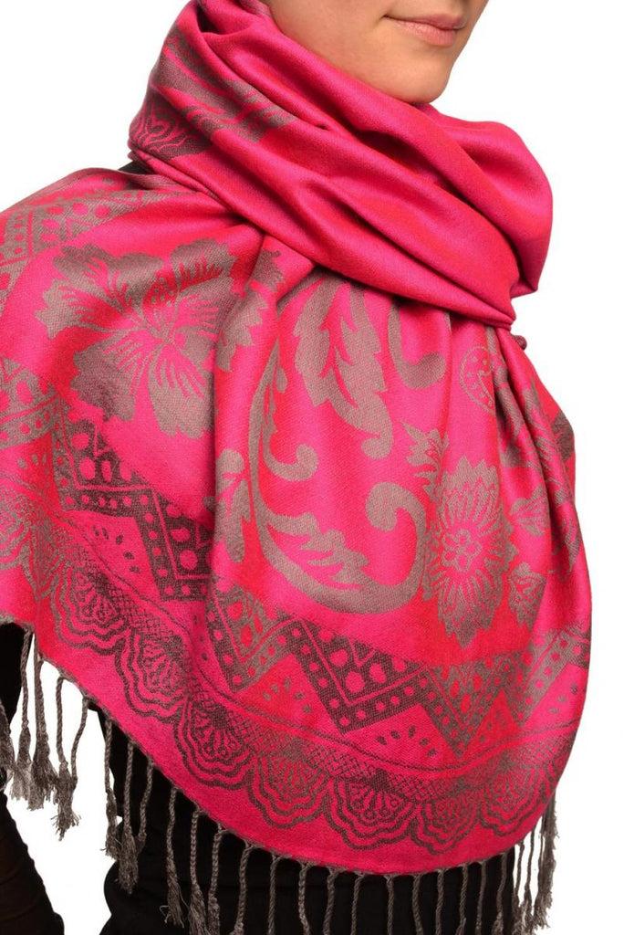 Liss Kiss Large Paisley & Roses On Magenta Pashmina With Tassels - Scarf