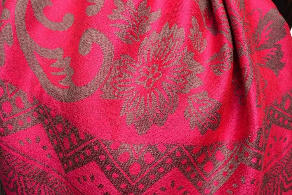 Liss Kiss Large Paisley & Roses On Magenta Pashmina With Tassels - Scarf