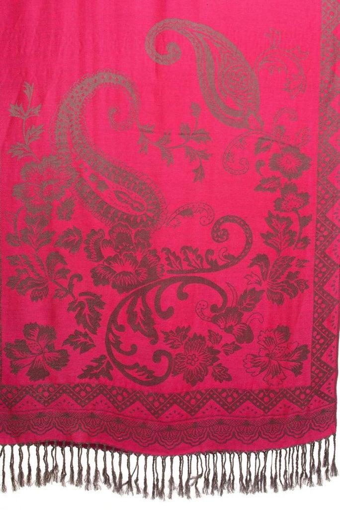 Liss Kiss Large Paisley & Roses On Magenta Pashmina With Tassels - Scarf