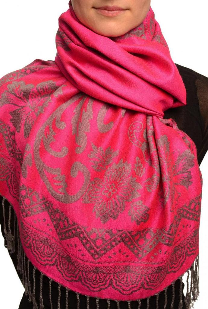 liss kiss Large Paisley & Roses On Magenta Pashmina With Tassels - Scarf
