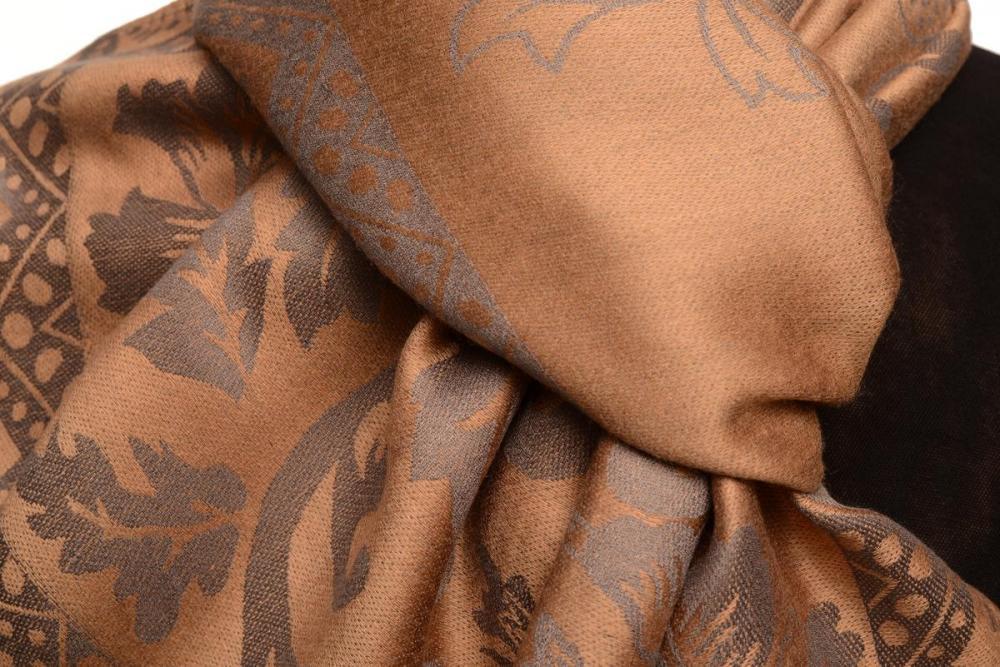 Liss Kiss Large Paisley & Roses On Mocha Pashmina With Tassels - Scarf