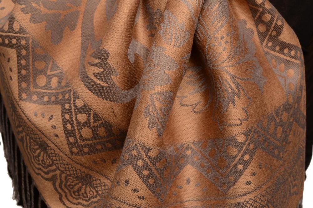 Liss Kiss Large Paisley & Roses On Mocha Pashmina With Tassels - Scarf