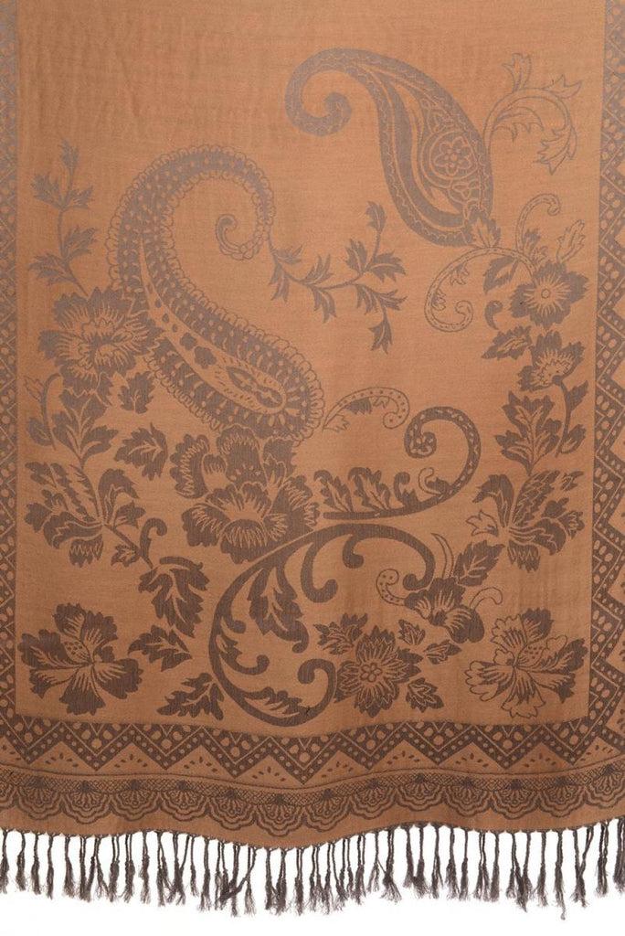 Liss Kiss Large Paisley & Roses On Mocha Pashmina With Tassels - Scarf