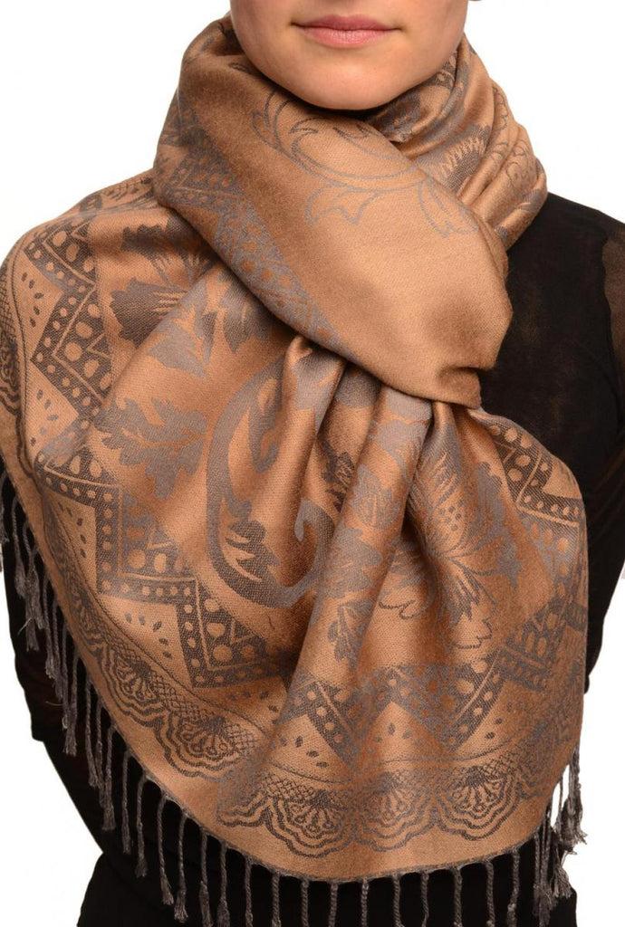 liss kiss Large Paisley & Roses On Mocha Pashmina With Tassels - Scarf