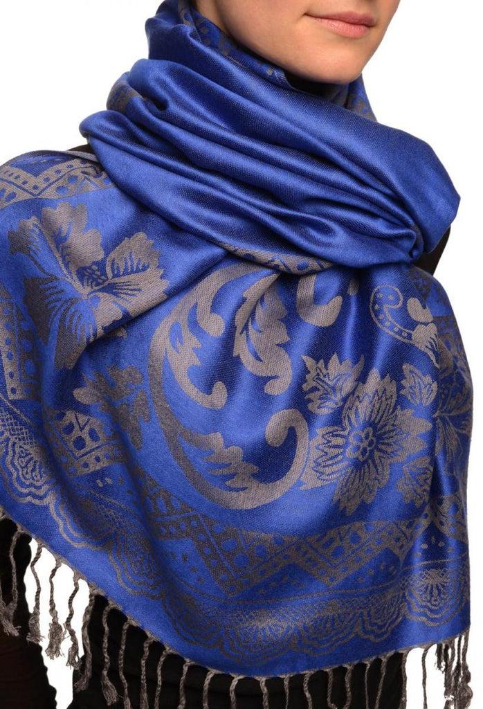 Liss Kiss Large Paisley & Roses On Persian Blue Pashmina With Tassels - Scarf